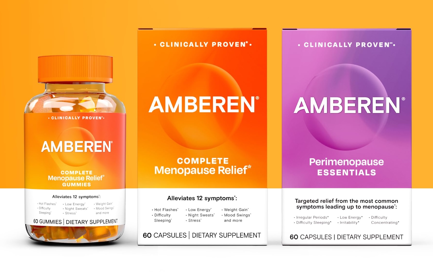 Amberen product lineup — Gummies, Menopause Relief, and Perimenopause Essentials